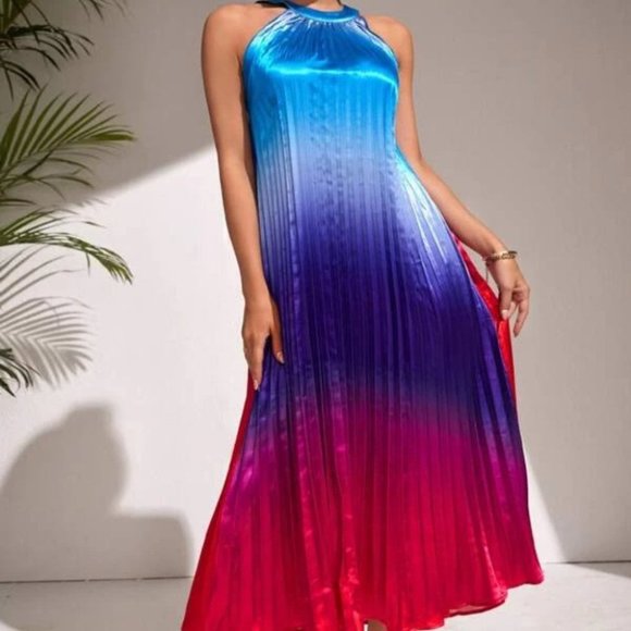 Pleated Satin Halter Ombre Dress - Picture 2 of 7